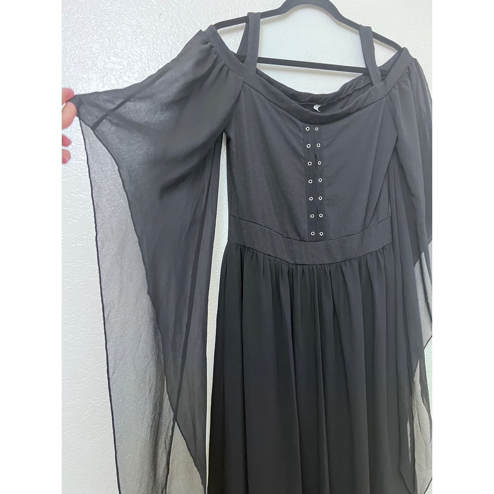 Black Cold Shoulder Chiffon Split Sleeve Gothic Midi Dress Fairy Grunge Small‎